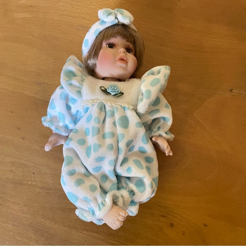 Adorable 7" Bisque/Porcelain Baby Doll in Velour Polka Dot Outfit